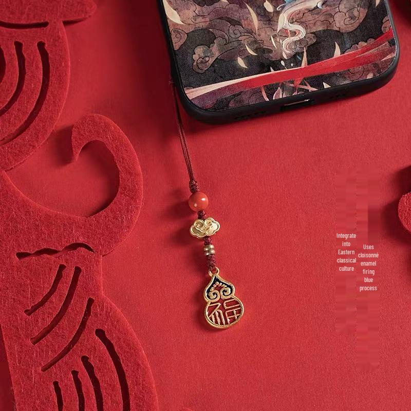 Ancient Style Sand Gold Fu Lu Gourd Phone Lanyard & Keychain Pendant