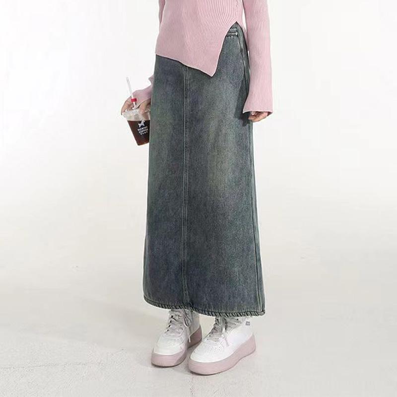 Fusta de blugi îngroșată din lână Vintage plus, iarnă, cu talie înaltă pentru slăbire, cu fantă peste genunchi, fustă într-un singur pas Fusta în formă de A