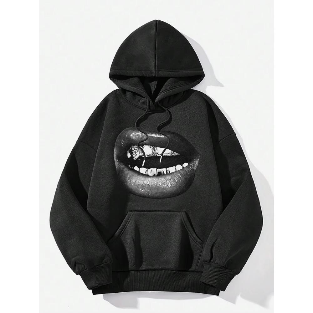 Kreativer und cooler Lippenabdruck-Muster Aufgedruckter Damen-Hoodie Neuer Herbst und Winter Minimalistischer Stil Stilvolles Oberteil 2000er Y2k Kleidung