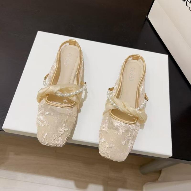 Chinese-style pearl mesh soft-soled sandals summer new shoes flat-bottomed bag head wearing half slippers women