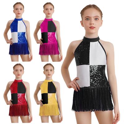 Dívčí flitrovaný moderní jazzový latinskoamerický samba pódiový kostým halter tank leotard střapcové šaty školní společenské taneční oblečení