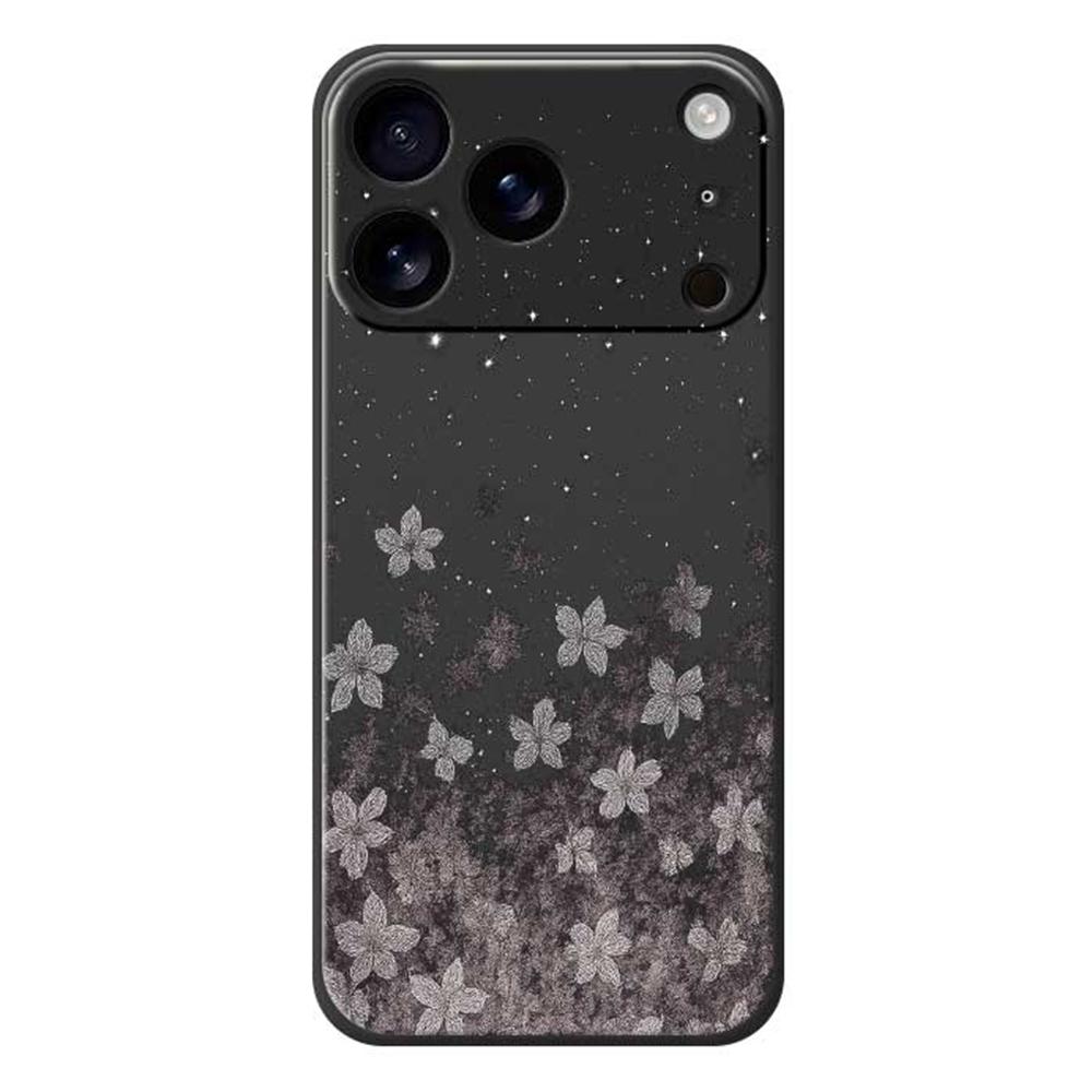 

For iPhone 17 Pro Case Grey Flowers Pattern Printing Straight Edge TPU Phone Back Cover Black