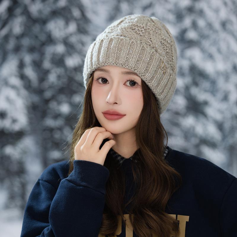 Outdoor Cold proof Casual Knitted Wool Hat In Winter Newly Added Velvet Thickened Warm Hat Versatile Big Head Flange Hat