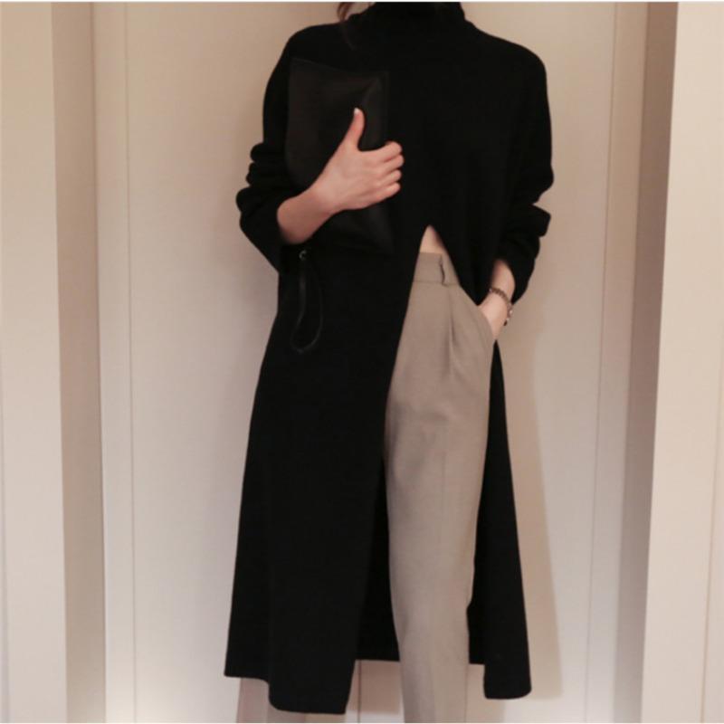 Neu im Herbst Winter Damen Strickpullover Lange Kleider Hochgeschlossenes, geteiltes, lockeres Pulloverkleid Lässiger Temperamentpullover mit Kleidung der unteren Schicht