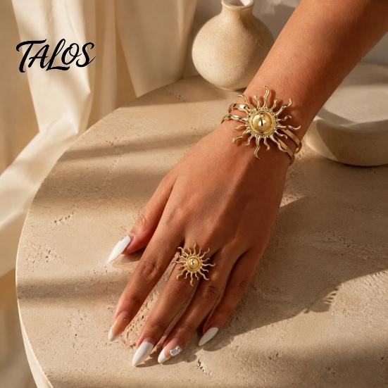 Retro Sun Jewelry 2Pcs Bangle Ring Set, Open Adjustable Cuff Bracelet Golden Tone & Ring, Plated Statement Hand for Women Set