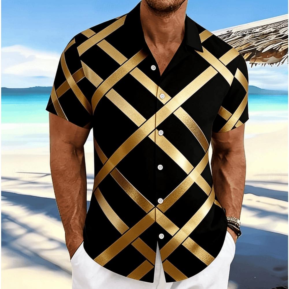 Men's Black Gold Luxury Short Sleeve Shirt, Spring Summer Business Vacation Casual Blouse, Loose Casual Top