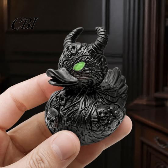 Artisanat en Résine Sculpté à la Main Ornement Diable Squelette Canard Gothique, Figurine Noir Mat, Art en Relief Vignes Yeux Verts Horreur Ornement pour Fête d'Halloween