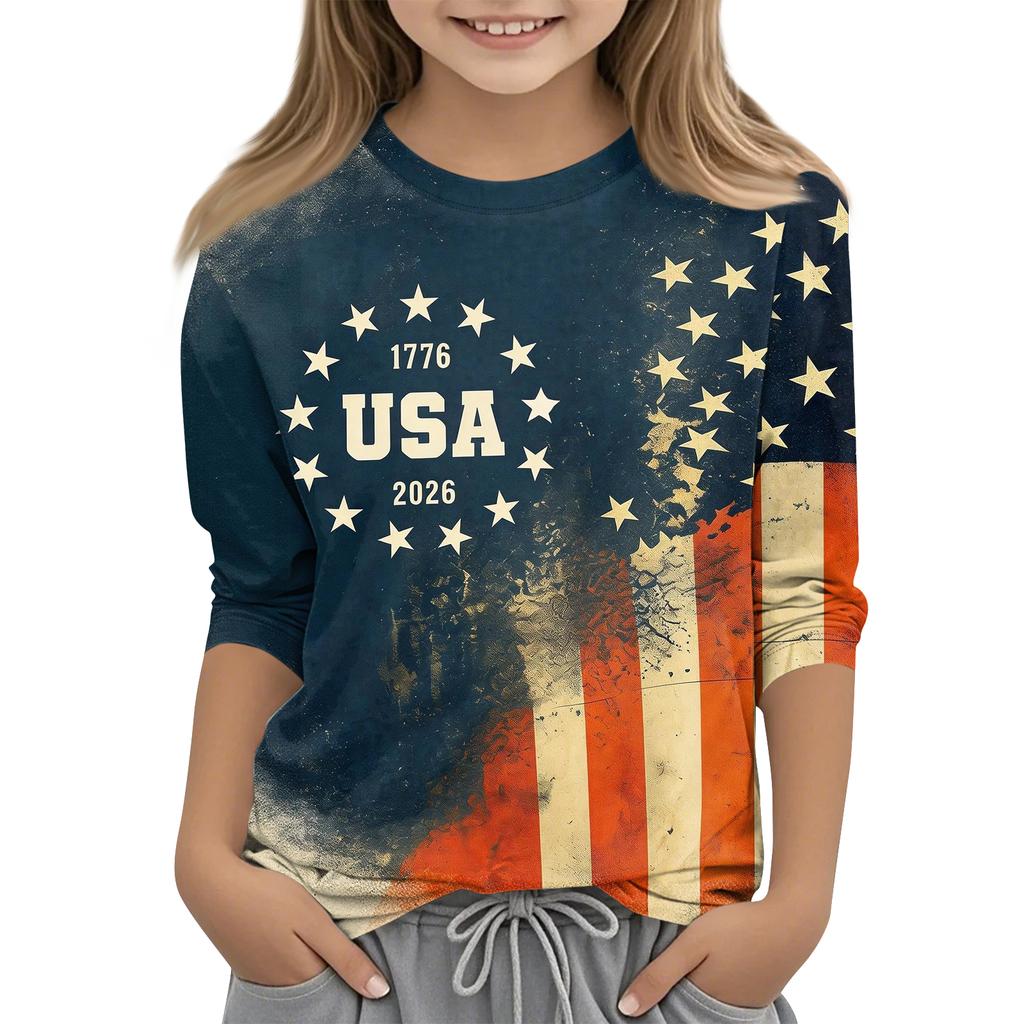 Children's 3/4 Sleeve Tops Casual Print T Shirt Round Neck Pullover Blouse
