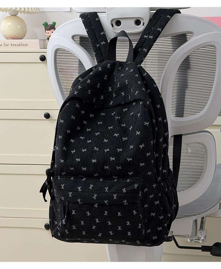 Schoolbag Corduroy Bow Junior High School Student School Bag Women's Large Capacity Versatile Backpack Japanese Burden Reduction Travel Backpack