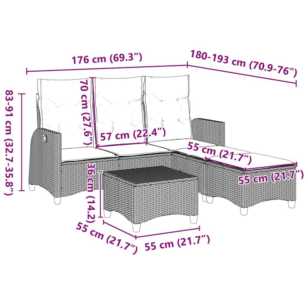 3 Piece L Shaped Garden Sofa Set with Cushions Grey PE Rattan