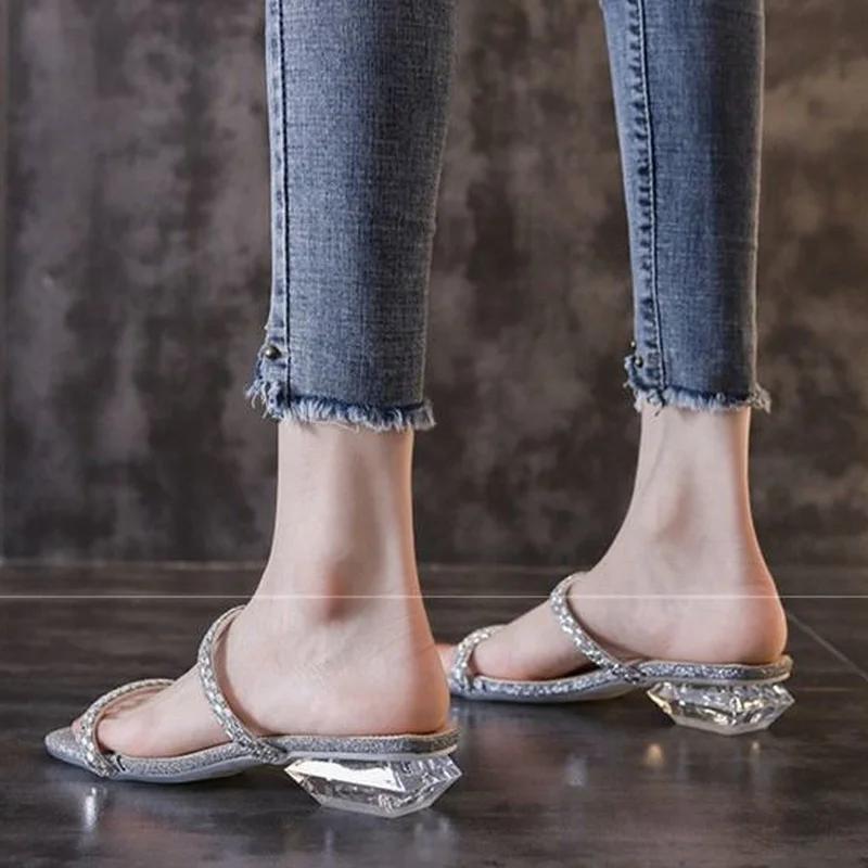 Fashion Shoes Crystals Job Women's Slippers and Ladies Sandals Slides on Word Outside Sexy Rhenstone Jewels Low Heel Natural Skin Shoe I