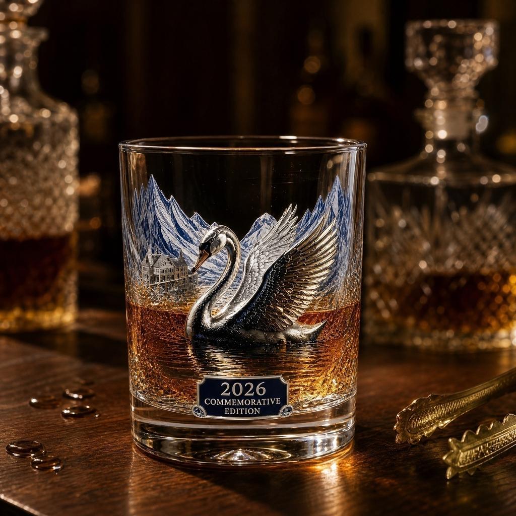 Set Bottiglia di Whiskey in Vetro con Bicchiere di Whiskey Edizione Commemorativa con Design Cigno e Montagna Adatto per Collezionisti e Appassionati di Bicchieri