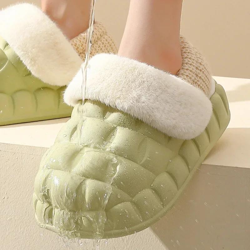 fashion Winter Women Thick Platform Waterproof Slipers Female Simple Non-Slip Flat Slippers Warm Plush Indoor Fur Cotton Shoes 2024
