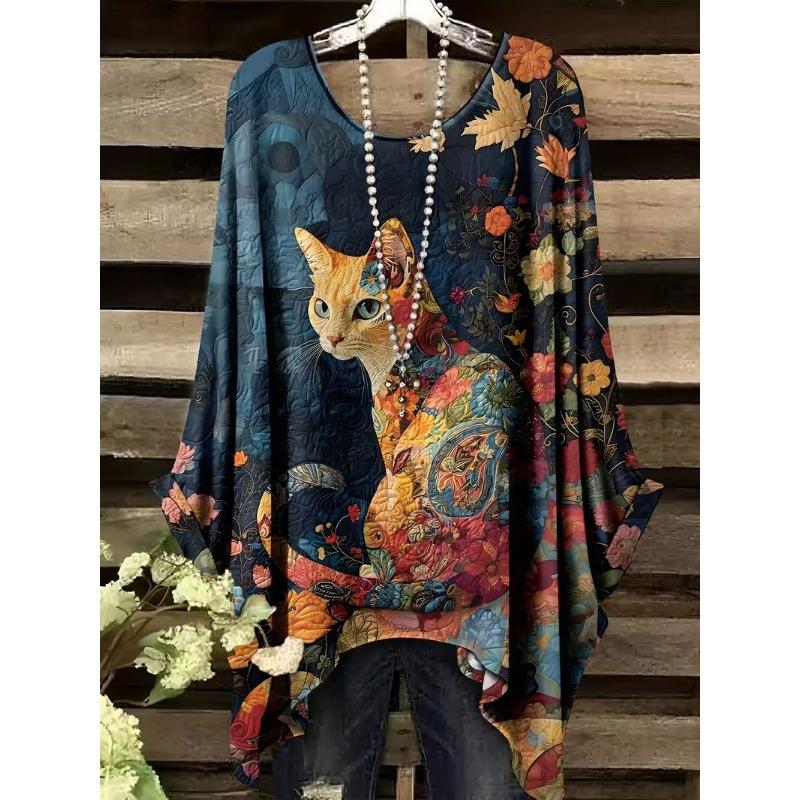 Lady's elegant floral print T-shirt, loose fit, round neck short sleeves, machine washable, casual and comfortable top