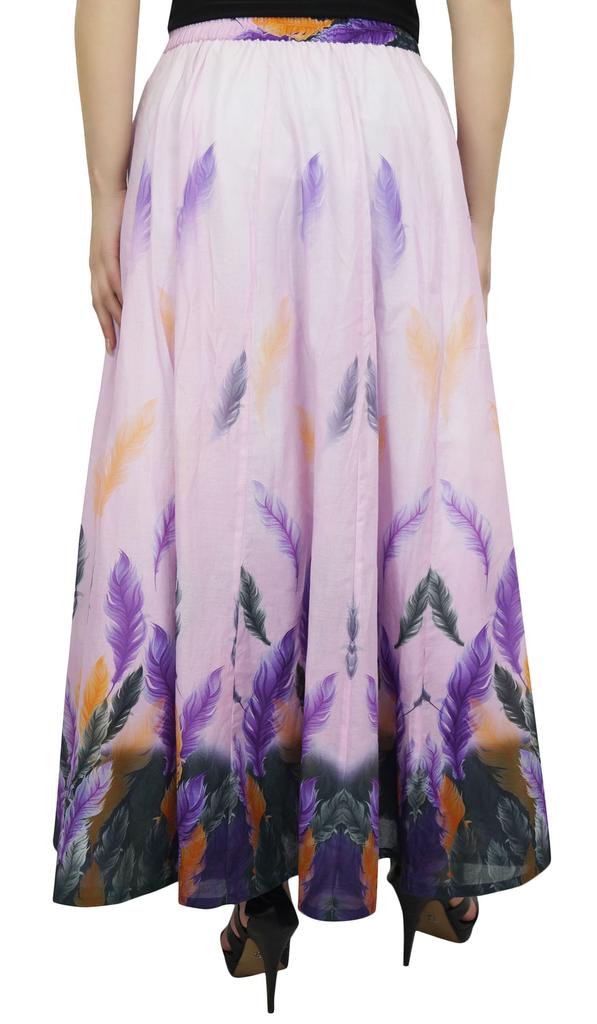Bimba Women's Purple Feather Printed Cotton Elastic Waist Summer Long