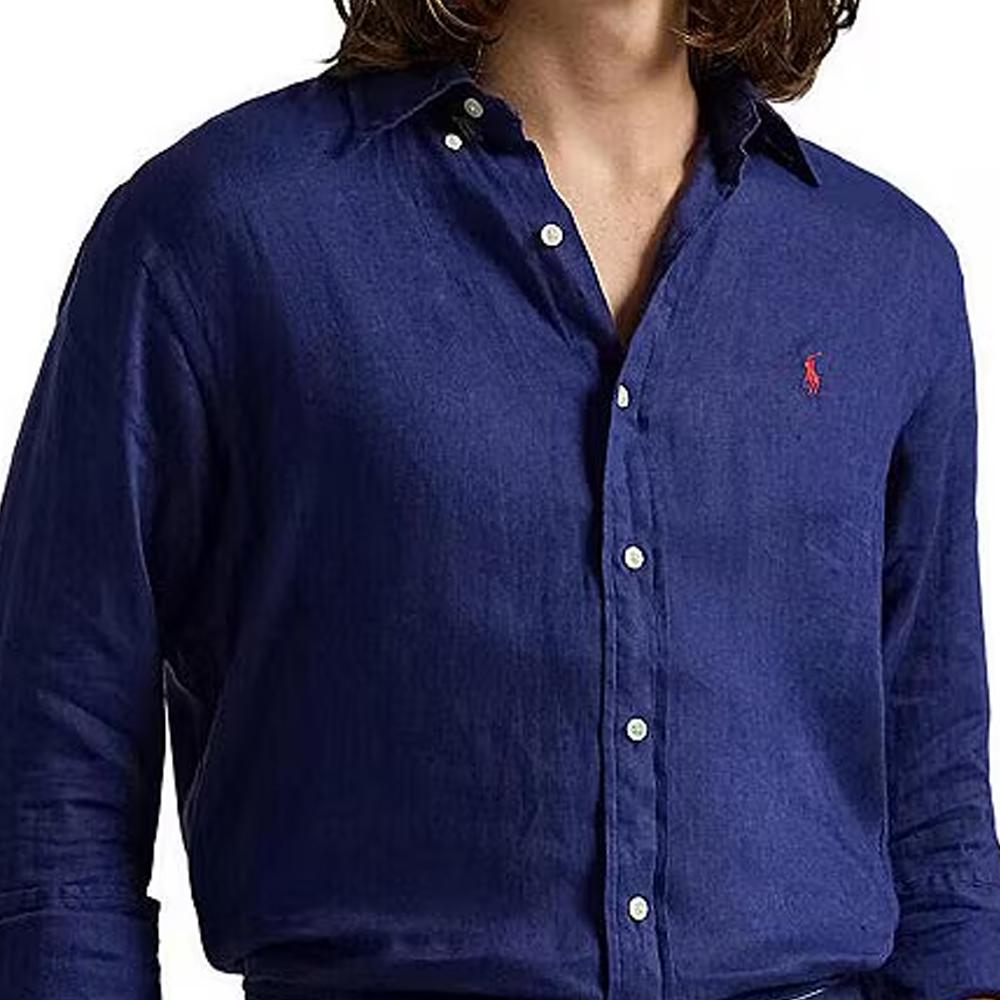Polo Ralph Lauren Solid Color Long Sleeve Polo Collar Embroidered Single Breasted Shirt Classic Edition Men shirts Navy-Blue 710966292-501