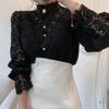 2025 Autumn Women's Loose Chic Button-Up Lace Patchwork Long Sleeve Stand Collar Shirt