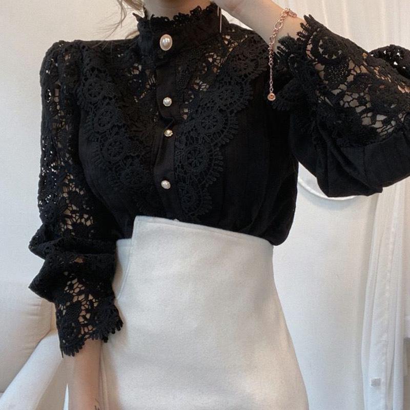2025 Autumn Women's Loose Chic Button-Up Lace Patchwork Long Sleeve Stand Collar Shirt