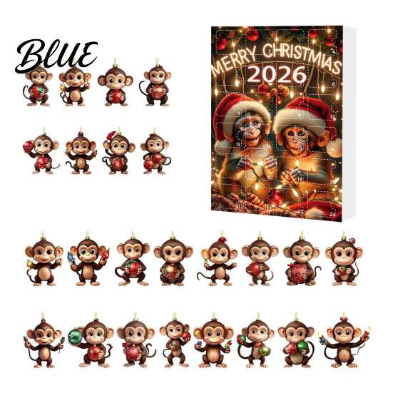 Cartoon Monkey Decor Christmas Advent Calendar 24 Days Countdown Calendar with 2D Acrylic Tree Decoration Ornament Funny Animal Xmas Hanging