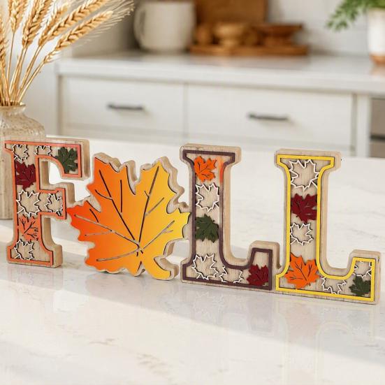 Autumn Home Interior Accents 4Pcs/Set Fall Wooden Tabletop Signs, Maple Leaf Letter Decorations for Farmhouse Harvest Table Centerpieces Tiered
