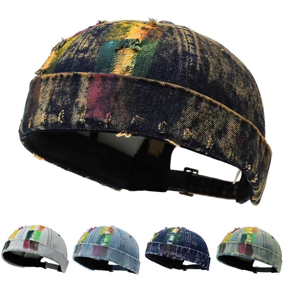 Adjustable Melon Skin Cap Distressed Denim Beanie Fashion Docker Cap Women