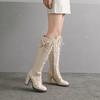 Fashion Winter Sweet Women Knee High Boots PU Leather Round Toe 7cm High Block Heels Bowtie Lace-up Lolita Lady Zipper Long Riding Boots