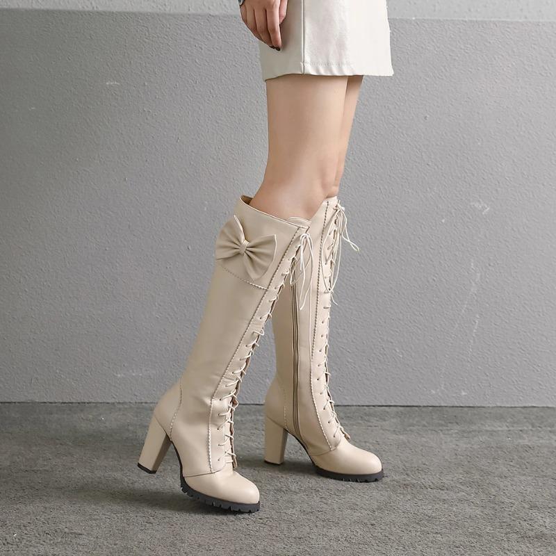 Fashion Winter Sweet Women Knee High Boots PU Leather Round Toe 7cm High Block Heels Bowtie Lace-up Lolita Lady Zipper Long Riding Boots