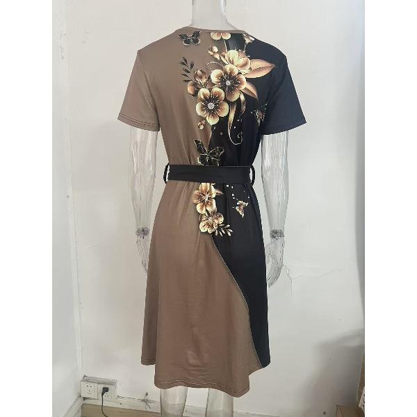 Temperament Commuting Belt Short Sleeved Round Neck Printed Women's Dresses