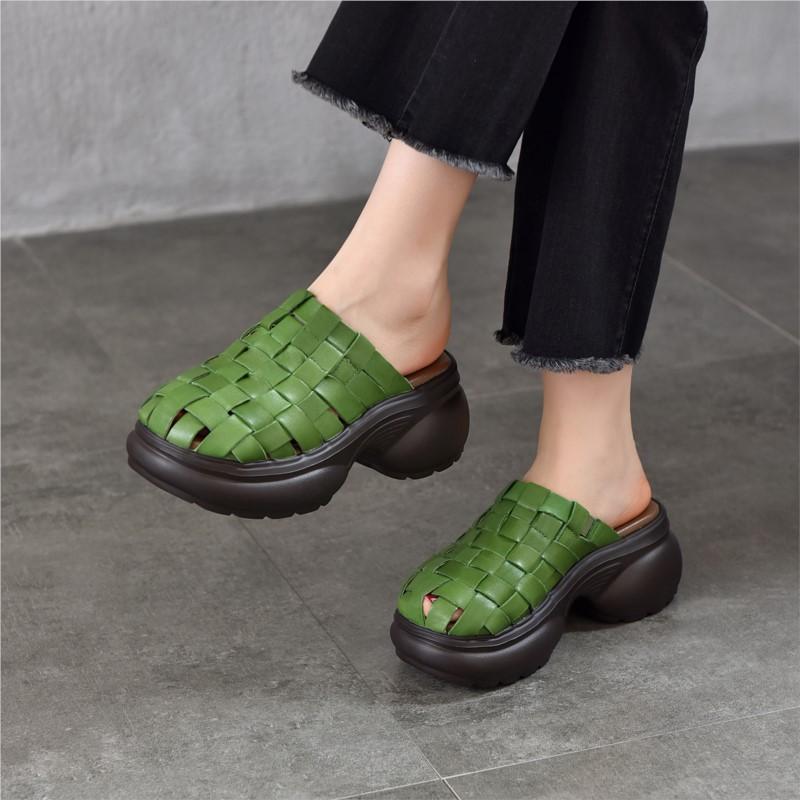Johnature Echte Leder Gewebte Runde Zehen Hausschuhe Dicke Sohle Höhe Erhöhend Outdoor Damen Slides