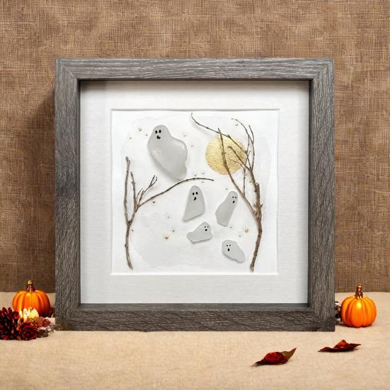 Thrilling Flying Ghost Sea Glass Art Handmade Halloween Mini Ghost Scene Wall Decor Unique Sea Glass Artwork Gift