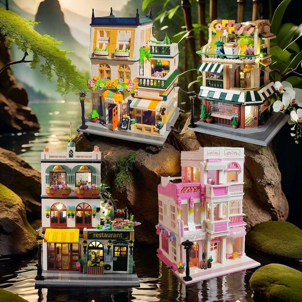 City Street View Building Bricks Coffee Wedding Shop Restaurant Mini Block Cafe House Garden Hotel Toys With Light For Gift