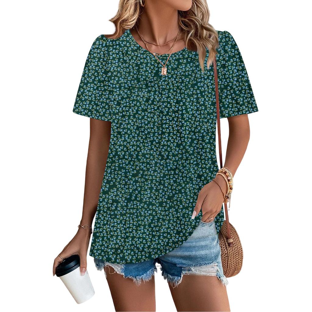 Women's Casual Fashion Round Neck Floral Printed Pleated Short Sleeve T-shirt Top