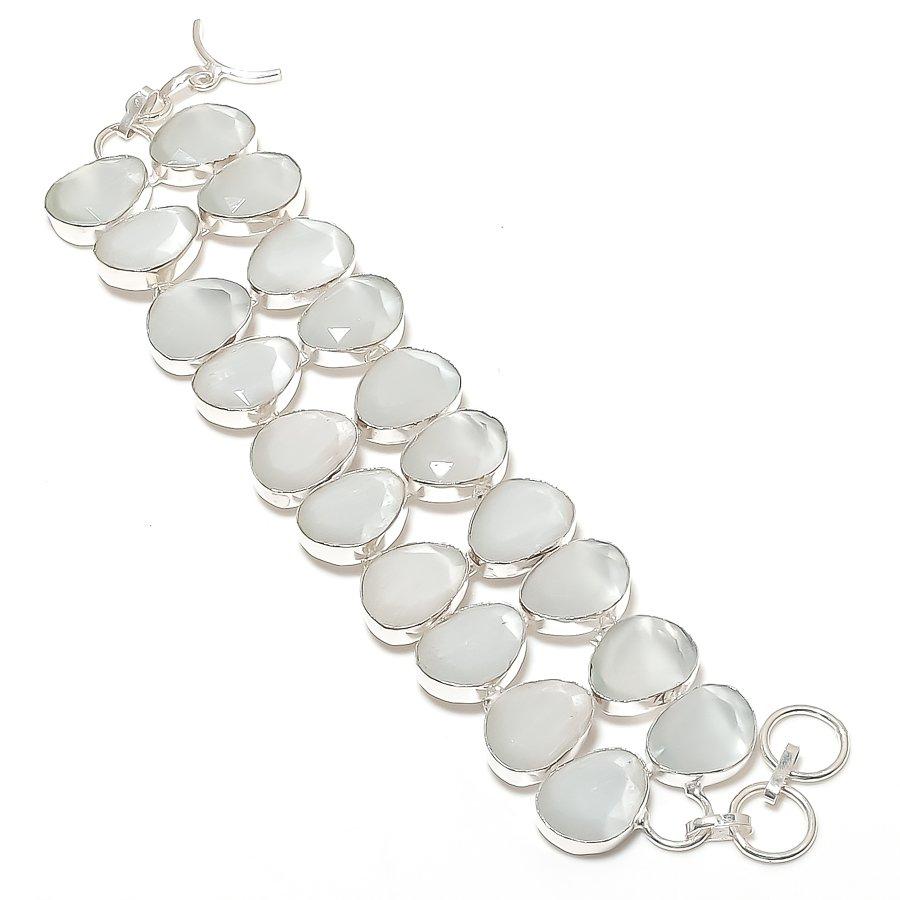 

Natural White Chalcedony Gemstone 925 Sterling Silver Bracelet 7-8 R3h32
