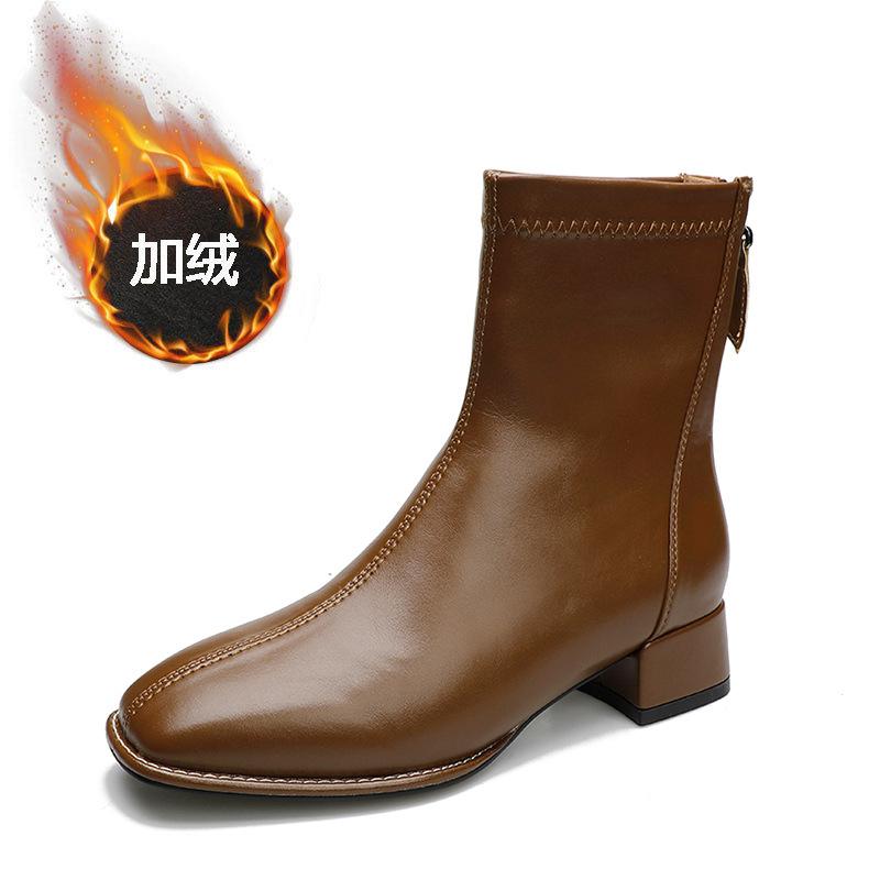 

Квадратный носок короткие сапоги одинарные сапоги новые мягкая кожа тонкие сапоги тонкий средний голенище задняя молния женские сапоги 40