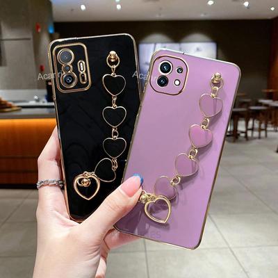 Luxury Love Heart Plating Bracelet Chain Case For Xiaomi Mi 11 Lite 5G NE 11T Pro Band Cover On Xiomi MI11 T 11i Mi10 10T