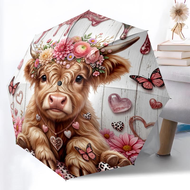 1pc Sturdy 8-Bone Auto Umbrella, Cow and Pink Flower Umbrella, Digital Printed, Foldable Umbrella for On-the-Go Outdoor Use