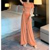 New Solid Color Slim-fit Short Belly Button Short-sleeved T-shirt for Women + Elastic High-waisted Wide-leg Pants Casual Pants Set