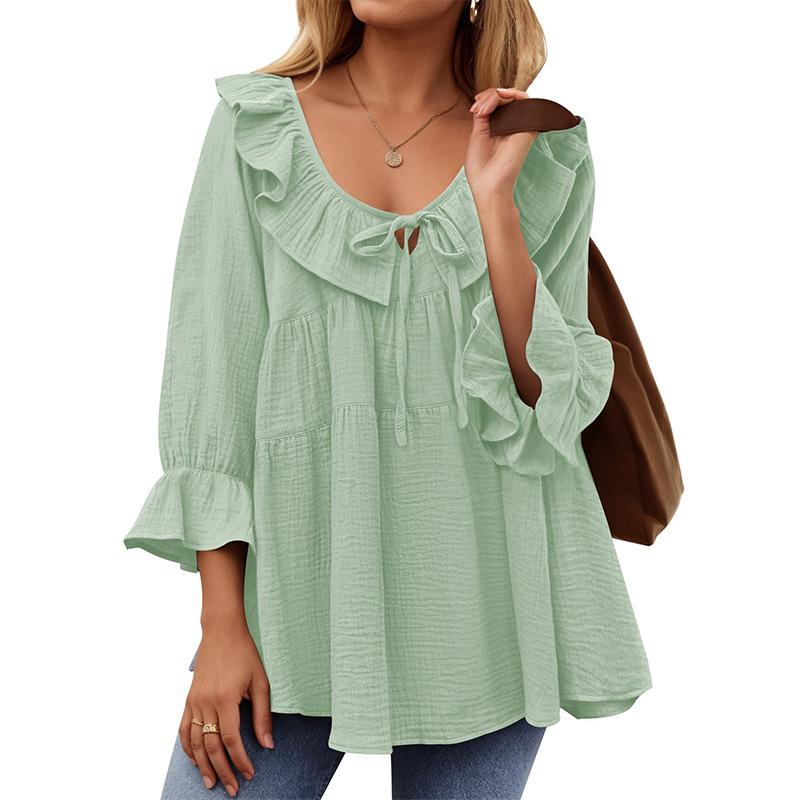 Women V Neck Cut Out Tie Detail Ruffled Bell Sleeve Blouse Multi Colors Casual Top S мятный зеленый