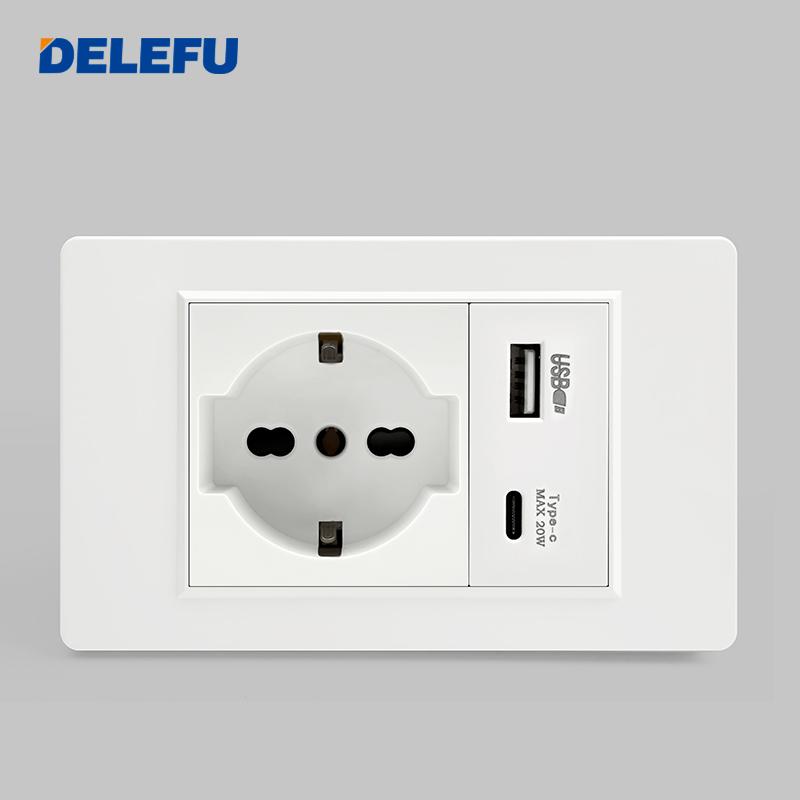 DELEFU Italian Standard White 118 Type Wall Switch Socket with USB + TYPE-C Socket Is Suitable for Hotels and Households.