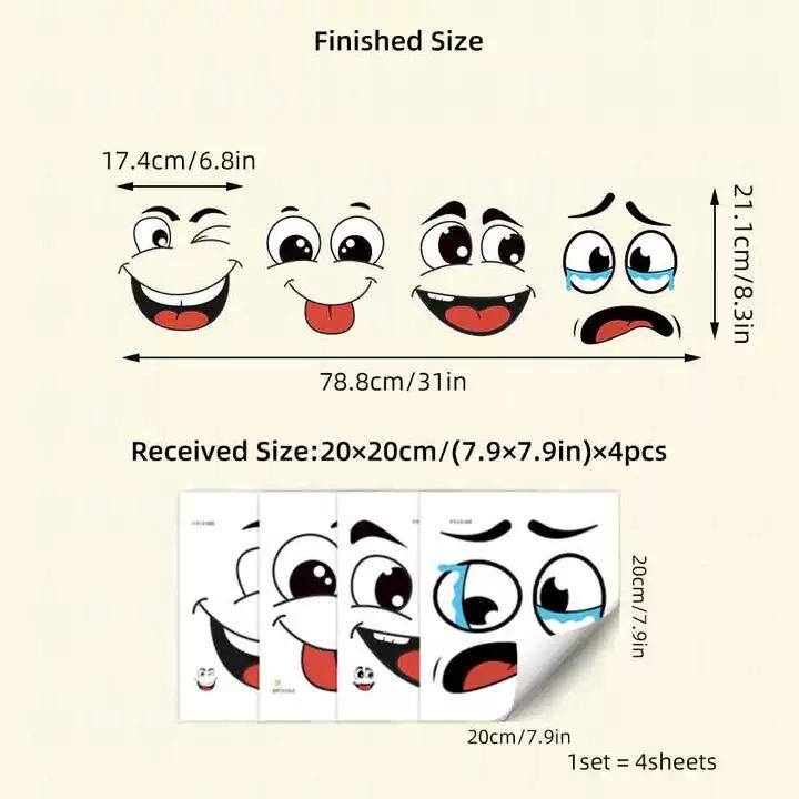 4 sheets/Set Cartoon Face Stickers,Self-Adhesive, Plastic Surface Compatible,Home Decoration Suitable for Trash Can, oilet Decor