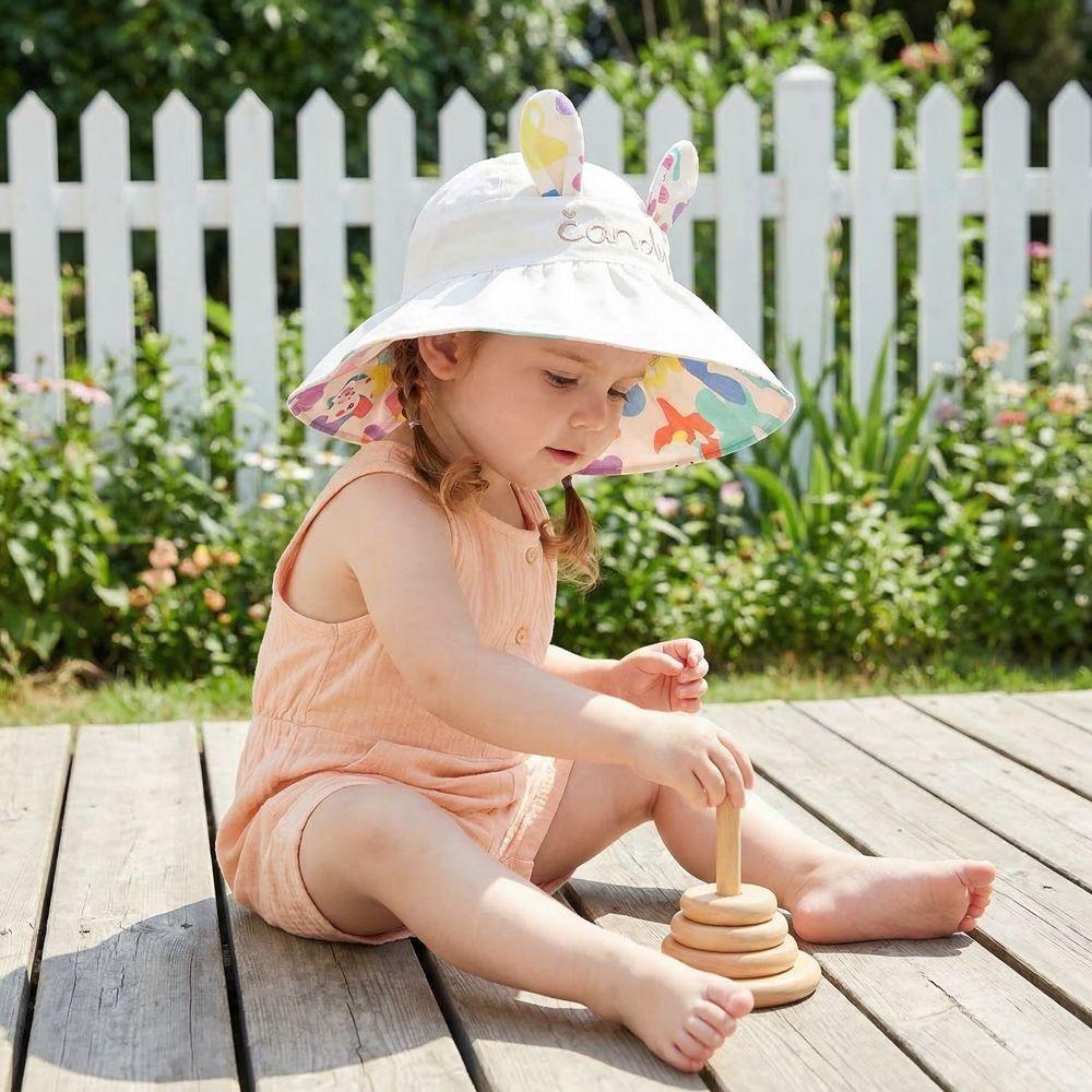 Cotton Children Rabbit Ears Sun Hat Adjustable Wide Brim Hat Kids Empty Top Sunscreen Hat  Running