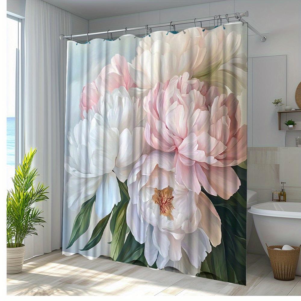 1Pc Floral Shower Curtain With Elegant Peony Design - Polyester Fabric Bathroom Decor, 70.8X70.8 Inches, 12 Hooks Included,