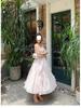 Chuqing French High-Waisted Pleated Chiffon Summer Dress - Spaghetti Strap, Long, Ruffled, Elegant Vacation Wear.