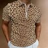 Women Short Sleeve Polo Shirt Light Khaki Dense Brown Leopard Spot Print Half Zip Lapel Top