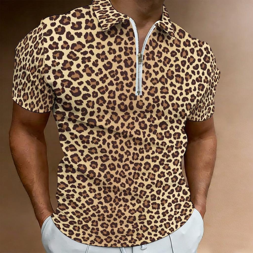 Women Short Sleeve Polo Shirt Light Khaki Dense Brown Leopard Spot Print Half Zip Lapel Top