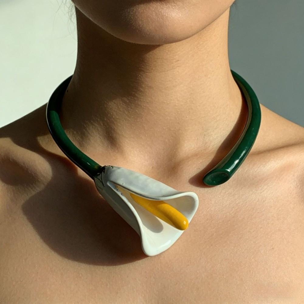 Glazing Flowers Jewelry Set Vintage Floral Enamel Bracelet Chic Calla Choker Necklace  Vacation