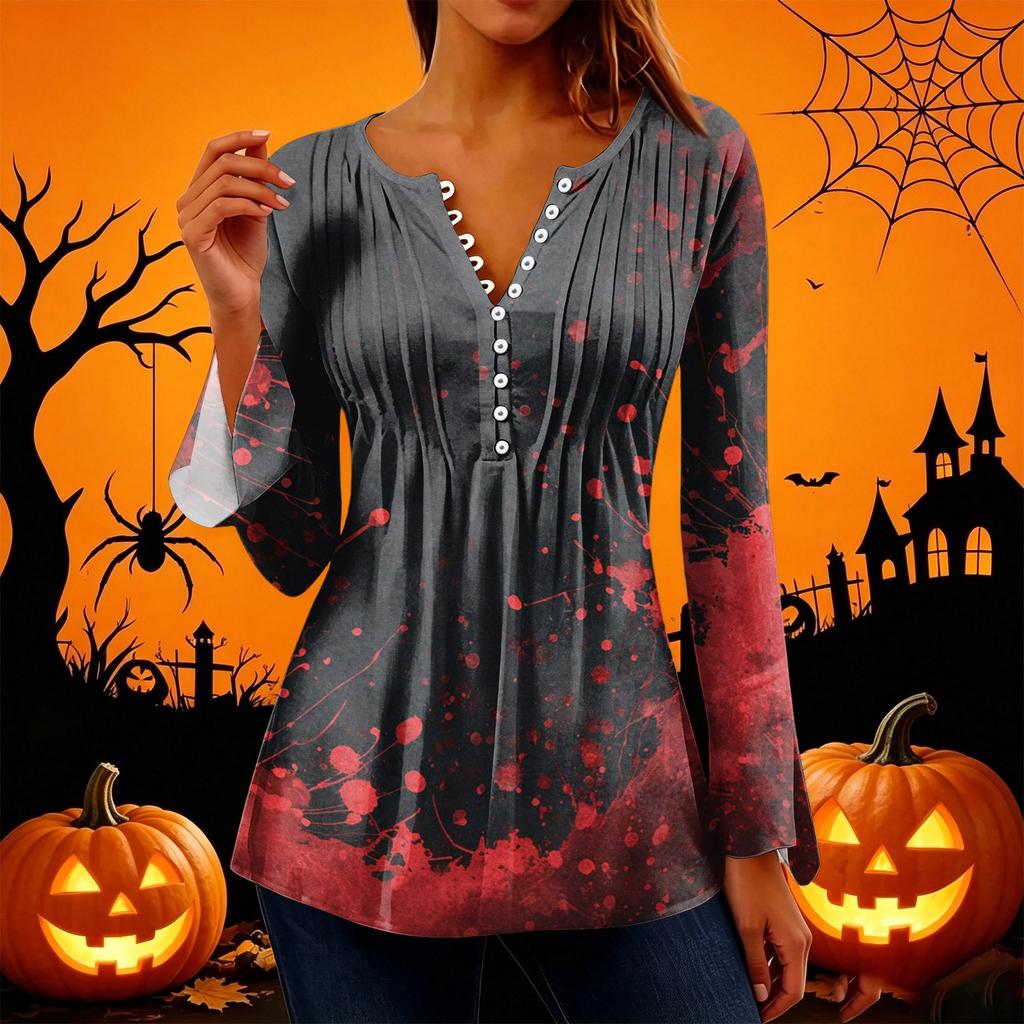 Women's Halloween Print V-Neck Long Sleeve T-Shirt with Sleeves and Pleated Button Front