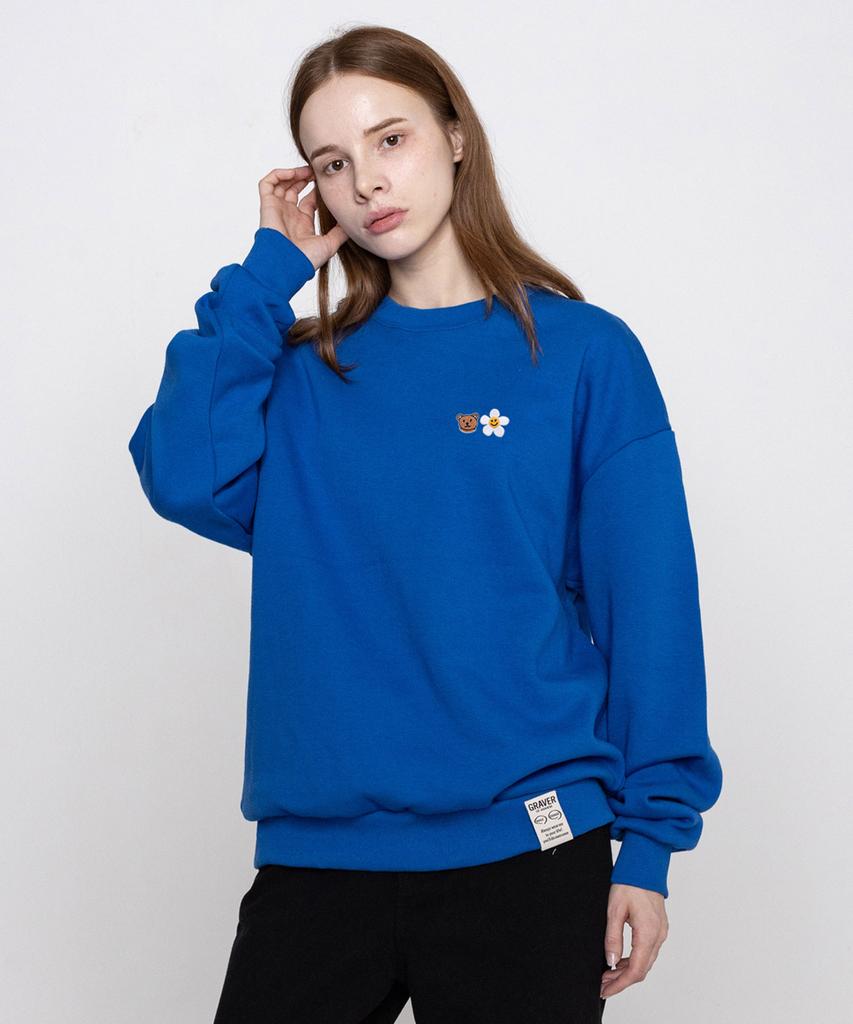 GRAVER [Unisex] Small Flower Bear Face Embroidered Smile Sweatshirt_Cobalt Blue