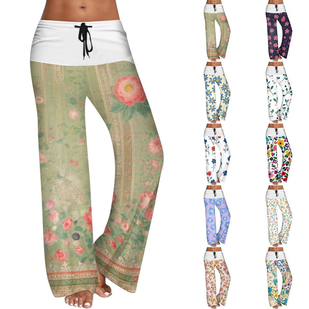Women's Drawstring Elastic Waistband Wide Leg Color Matching Floral Printed Casual Pants