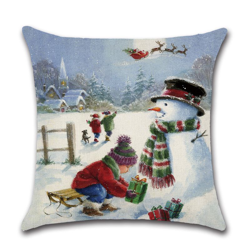 Festive Christmas Cushion Cover Featuring Charming Snowman And Santa Claus Design For Cozy Home Decor